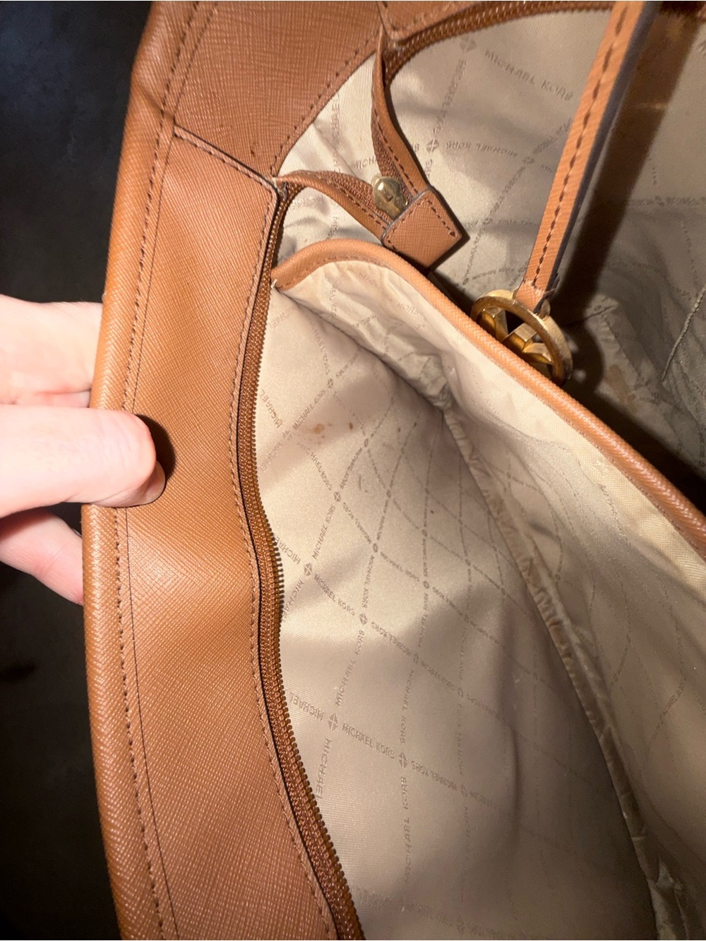 Michael Kors Beige Logo Canvas Tote with Brown Trim - Picture 5 of 6